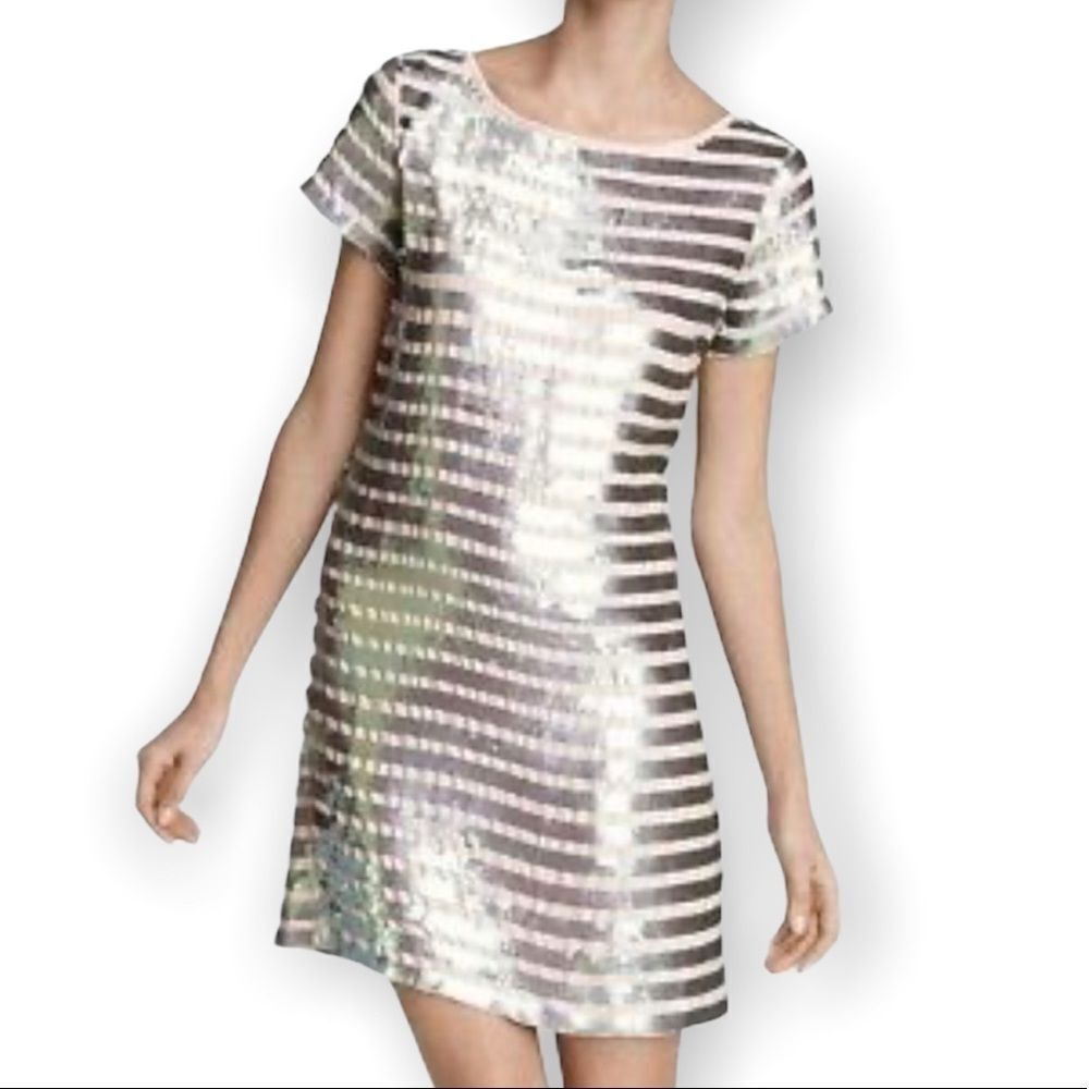 French Connection Fast Eden Metallic Sequin Stripe 60 Cupid Mini Dress